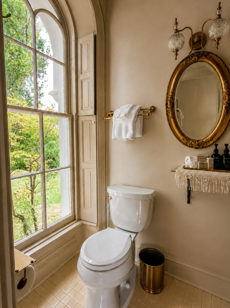 Bright vintage bathroom with a large arched window revealing greenery outside; white toilet beside a gold-framed oval mirror and towel rack with a white towel.