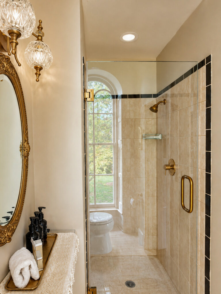 Luxurious beige-tiled bathroom with a glass shower enclosure and brass fixtures, plus an ornate gold-framed mirror nearby.