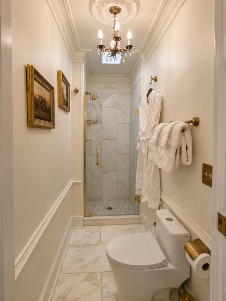 Luxurious narrow bathroom with marble floors and a glass shower, gold fixtures, and white robes hanging on the wall.