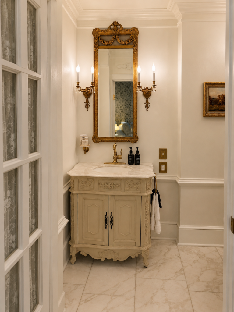 Ornate cream bathroom vanity with marble top, brass faucet, and a large gilded mirror flanked by two wall sconces; two black soap bottles on the counter and a towel hanging to the side.